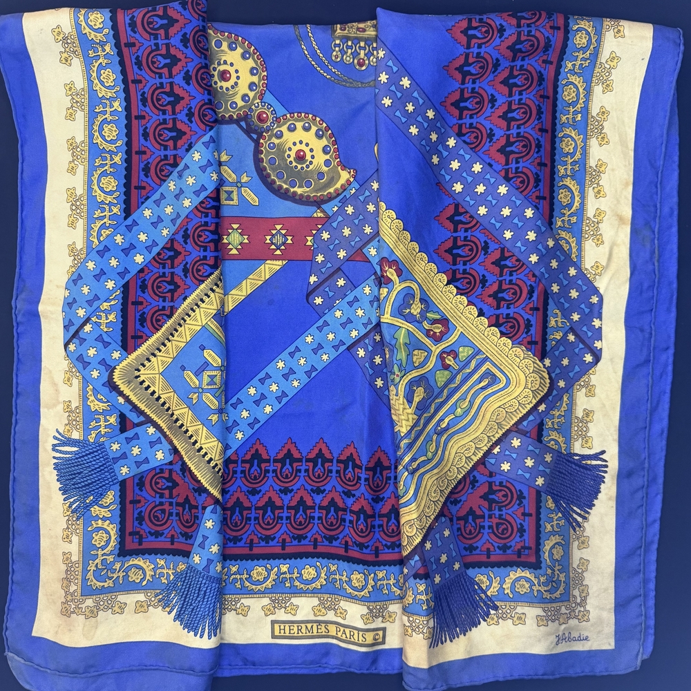 Hermes Vibrant Blue and Red Scarf with Gold Accents